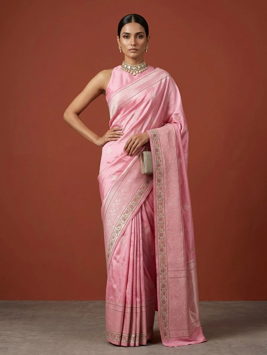 Baby Pink Handwoven Pure Banarasi Ektara Silk Saree – Kadwa Iktara Weave - Image 4