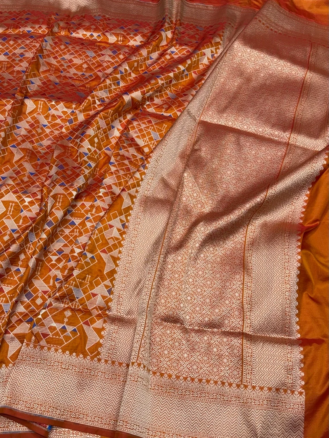 Orange Banarasi Minakari Pure Katan Silk Saree | Pure Silk | Minakari Work | Cutwork Technique | Banarasi Katan Silk Saree - Image 3