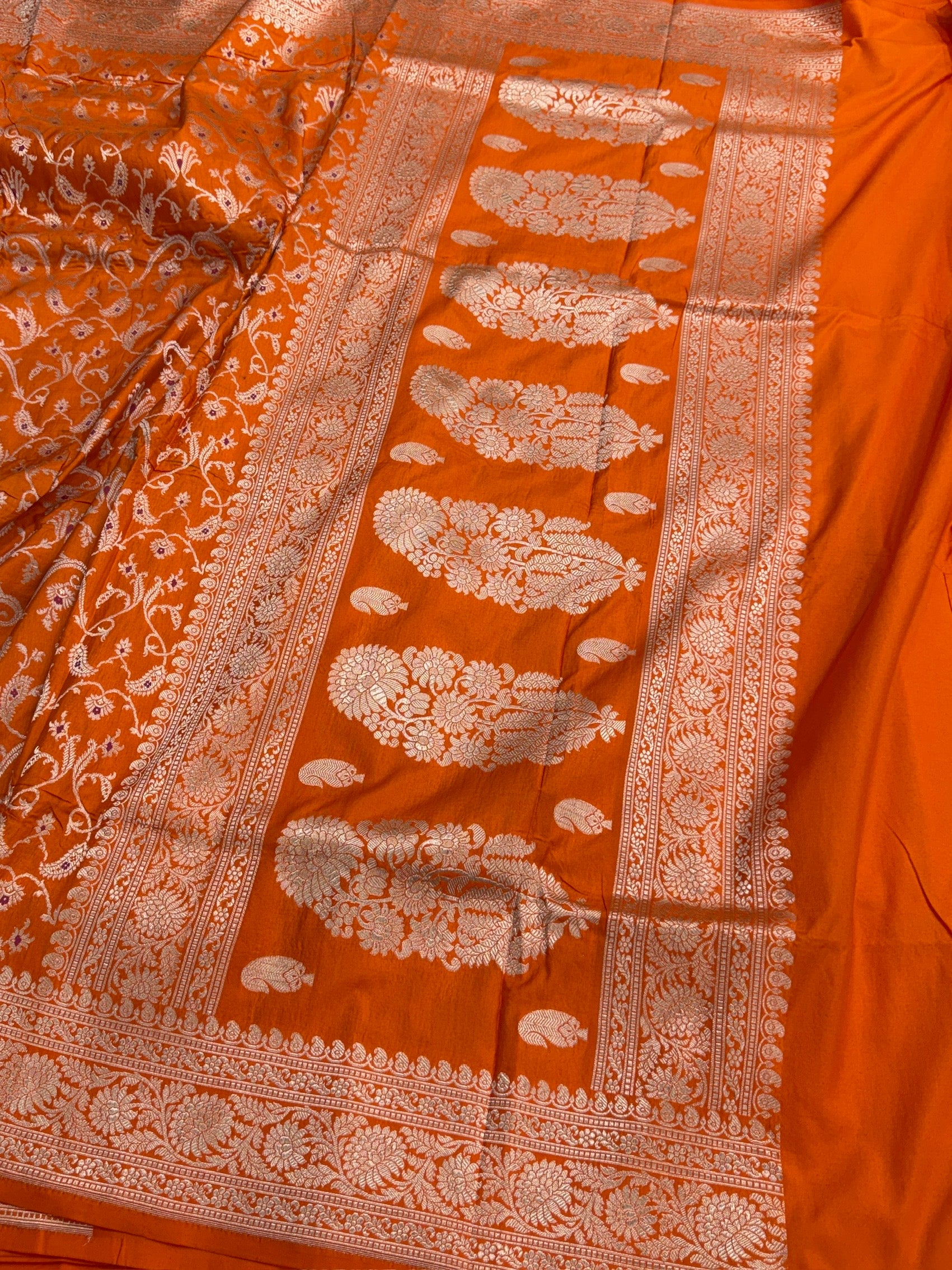 Orange Banarasi Minakari Pure Katan Silk Saree | Pure Silk | Minakari Work | Cutwork Technique | Banarasi Katan Silk Saree - Image 3