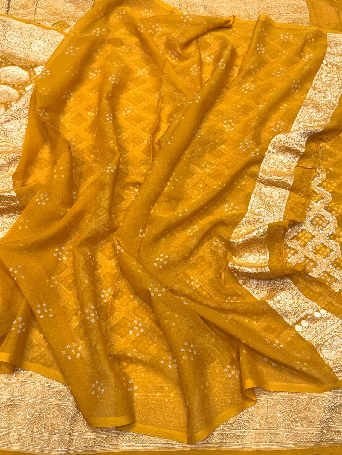 Mustard Yellow Banarasi Pure Bandhej Georgette Saree – Luxury Cutwork Brocade Festive Saree - Image 2
