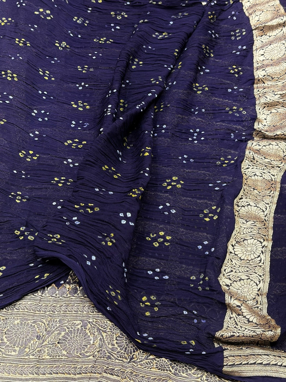 Navy Blue Banarasi Pure Bandhej Georgette Saree – Luxury Cutwork Brocade Festive Saree - Image 2