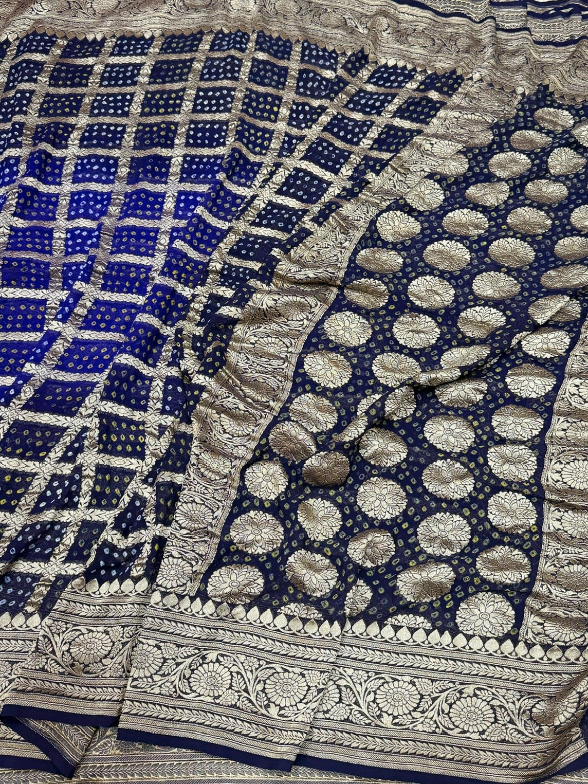 Navy Blue Banarasi Pure Bandhej Georgette Saree – Luxury Cutwork Brocade Festive Saree - Image 3