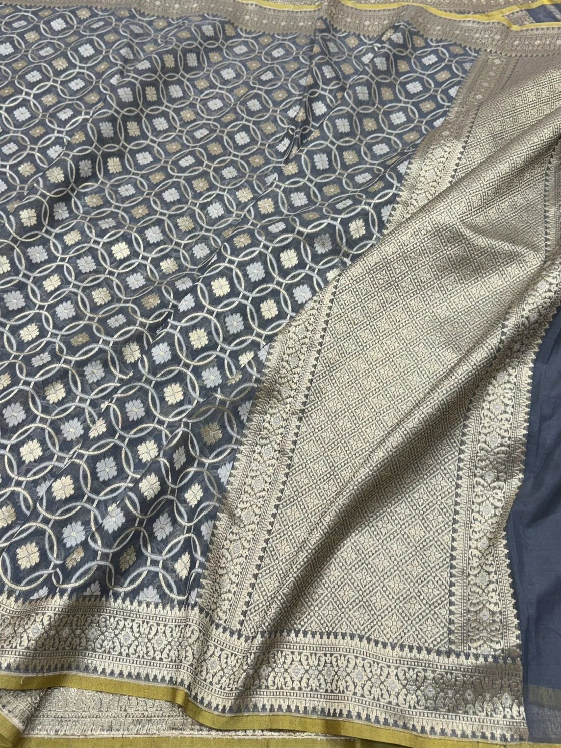 Ash Grey Banarasi Pure Kora Cotton Saree - Image 3