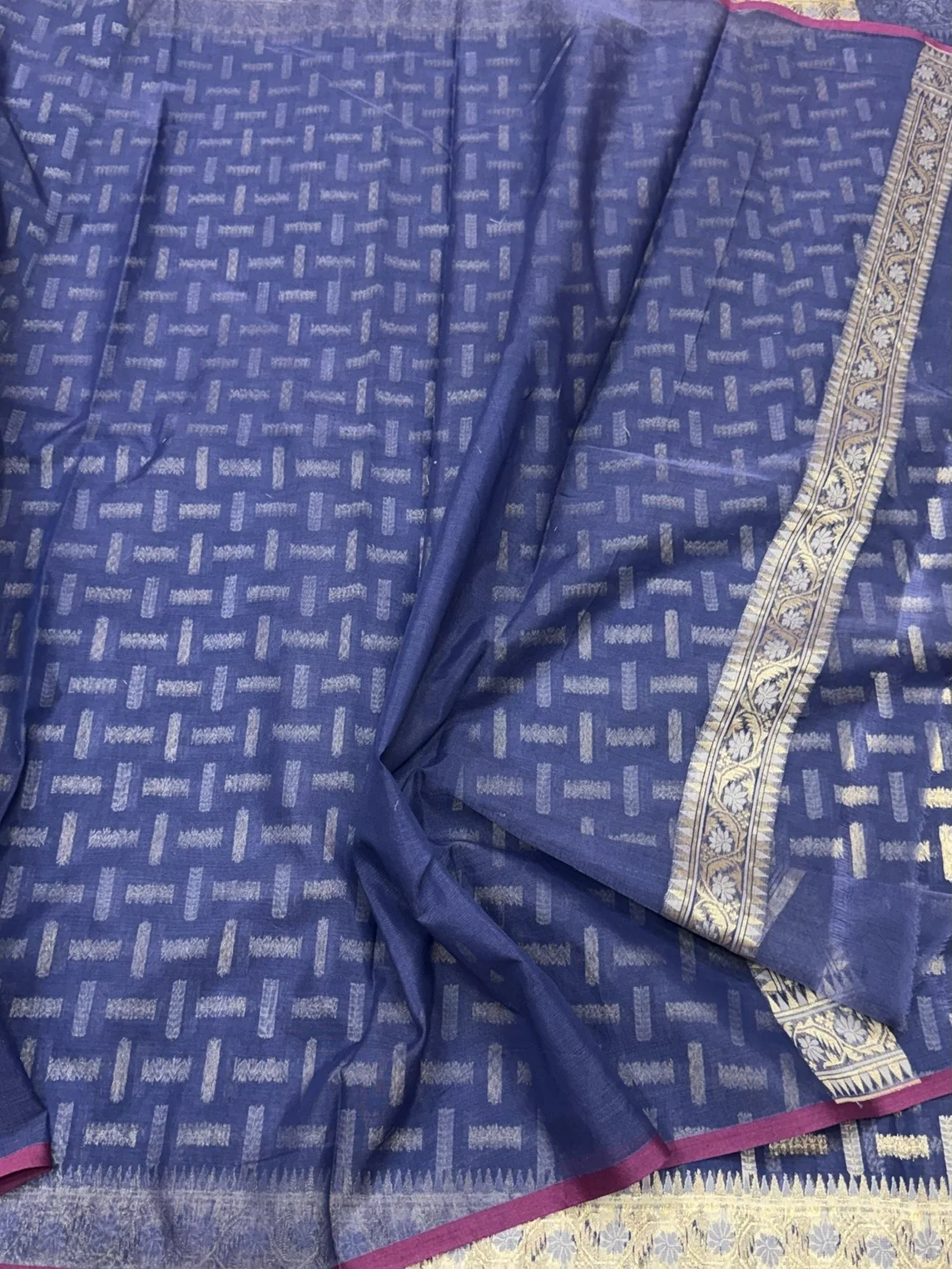Bluish Grey Banarasi Pure Kora Cotton Saree - Image 2