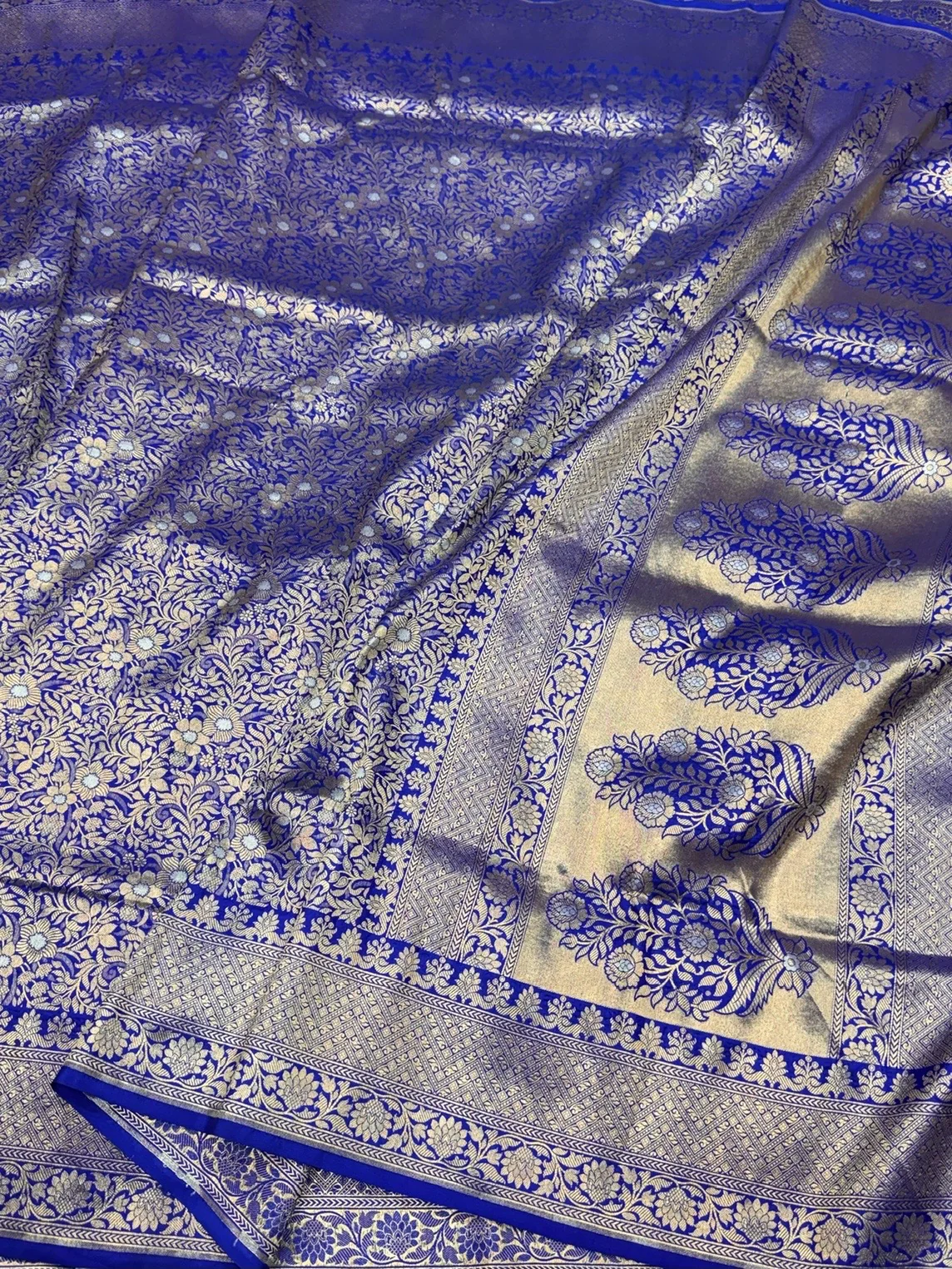 Royal Blue Banarasi Pure Silk Brocade Saree | 100% Pure Katan Silk with Gold & Silver Work - Image 3
