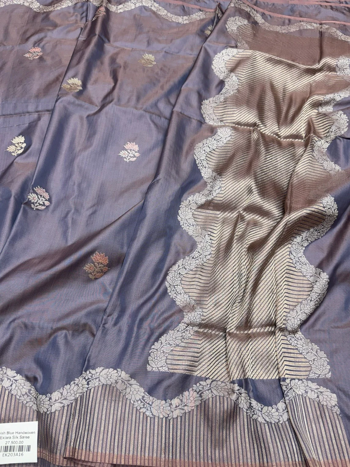 Bluish Grey Handwoven Pure Banarasi Ektara Silk Saree - Image 3