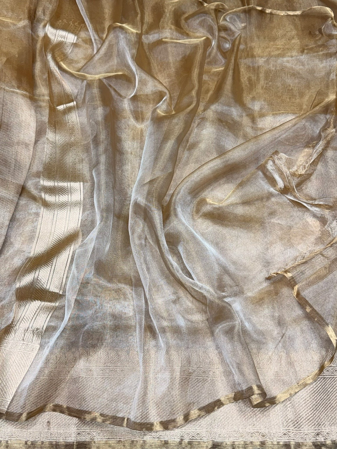 Champagne Gold Handwoven Pure Banarasi Tissue Saree – Kadwa Weave, Pure Tissue Saree - Image 2