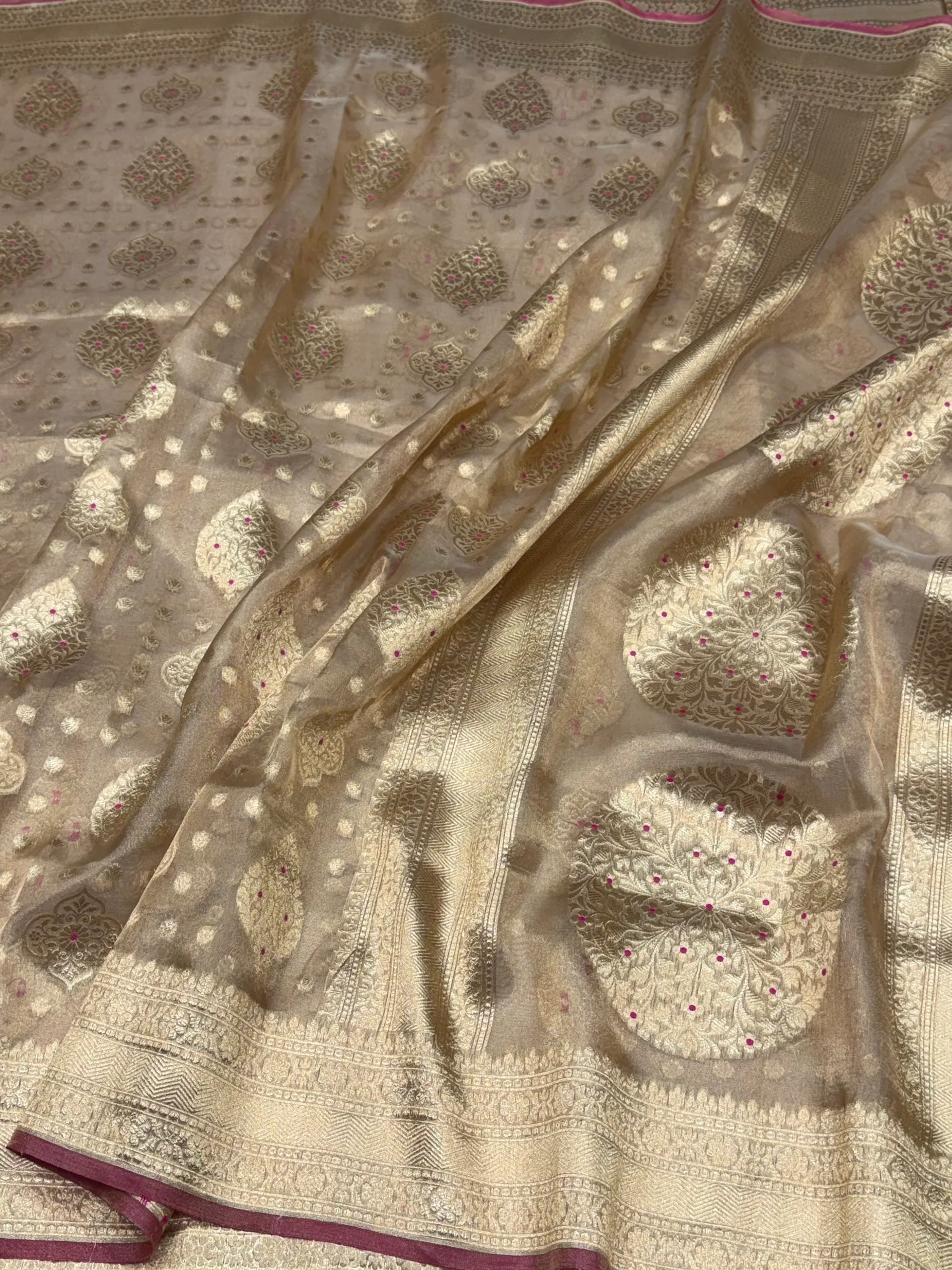 Champagne Gold Pure Banarasi Tissue Silk Saree | Pure Kora Tissue | Cutwork Technique | Lightweight Banarasi Saree - Image 3