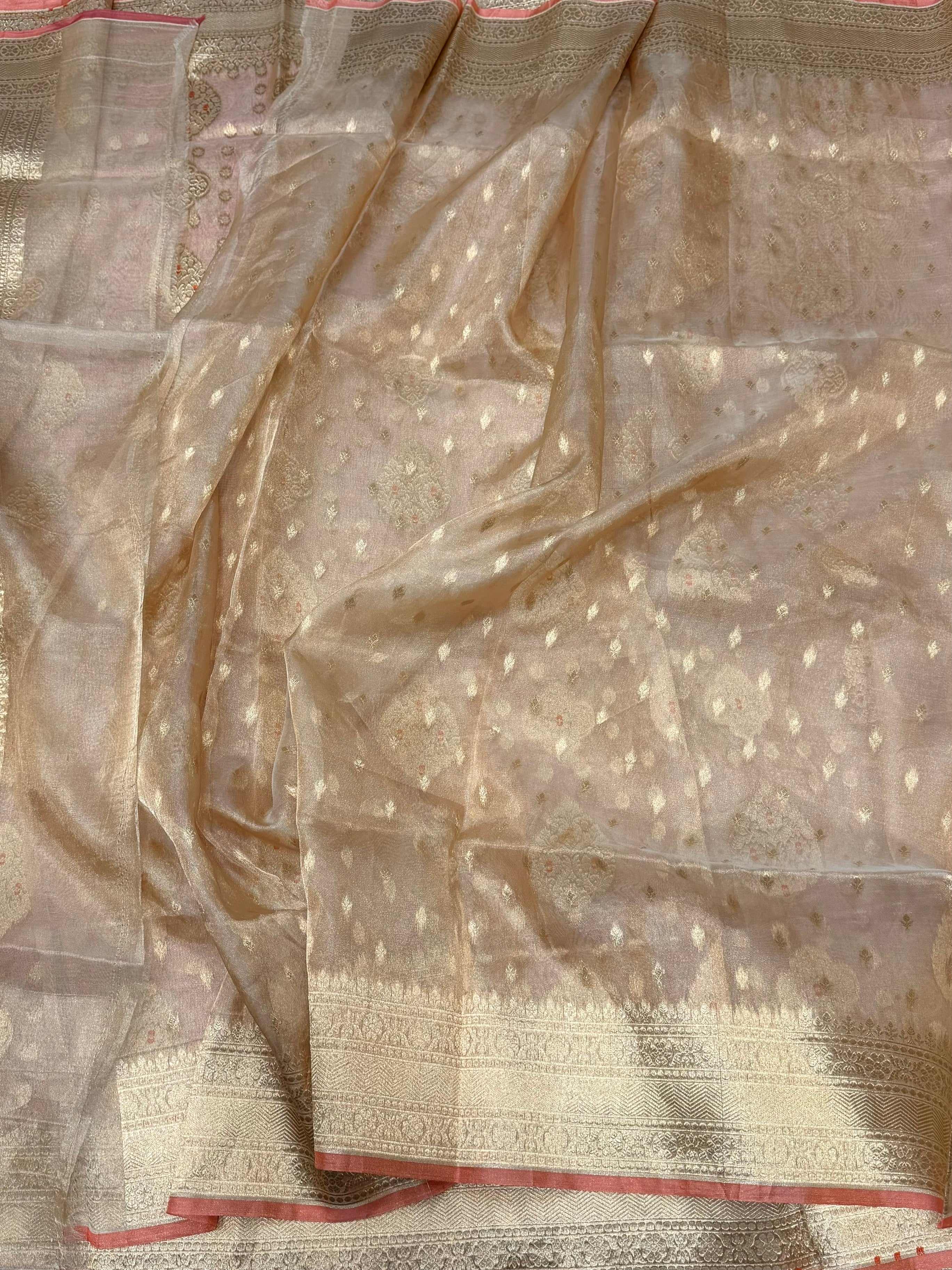 Champagne Gold Pure Banarasi Tissue Silk Saree | Pure Kora Tissue | Cutwork Technique | Lightweight Banarasi Saree - Image 7