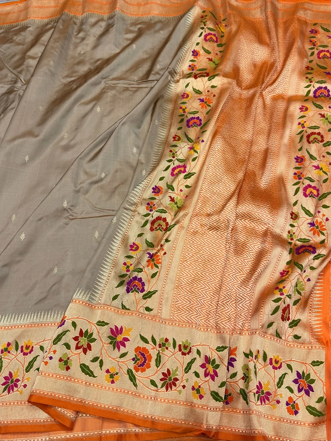 Chiku & Orange Handwoven Pure Banarasi Ektara Silk Saree - Image 3