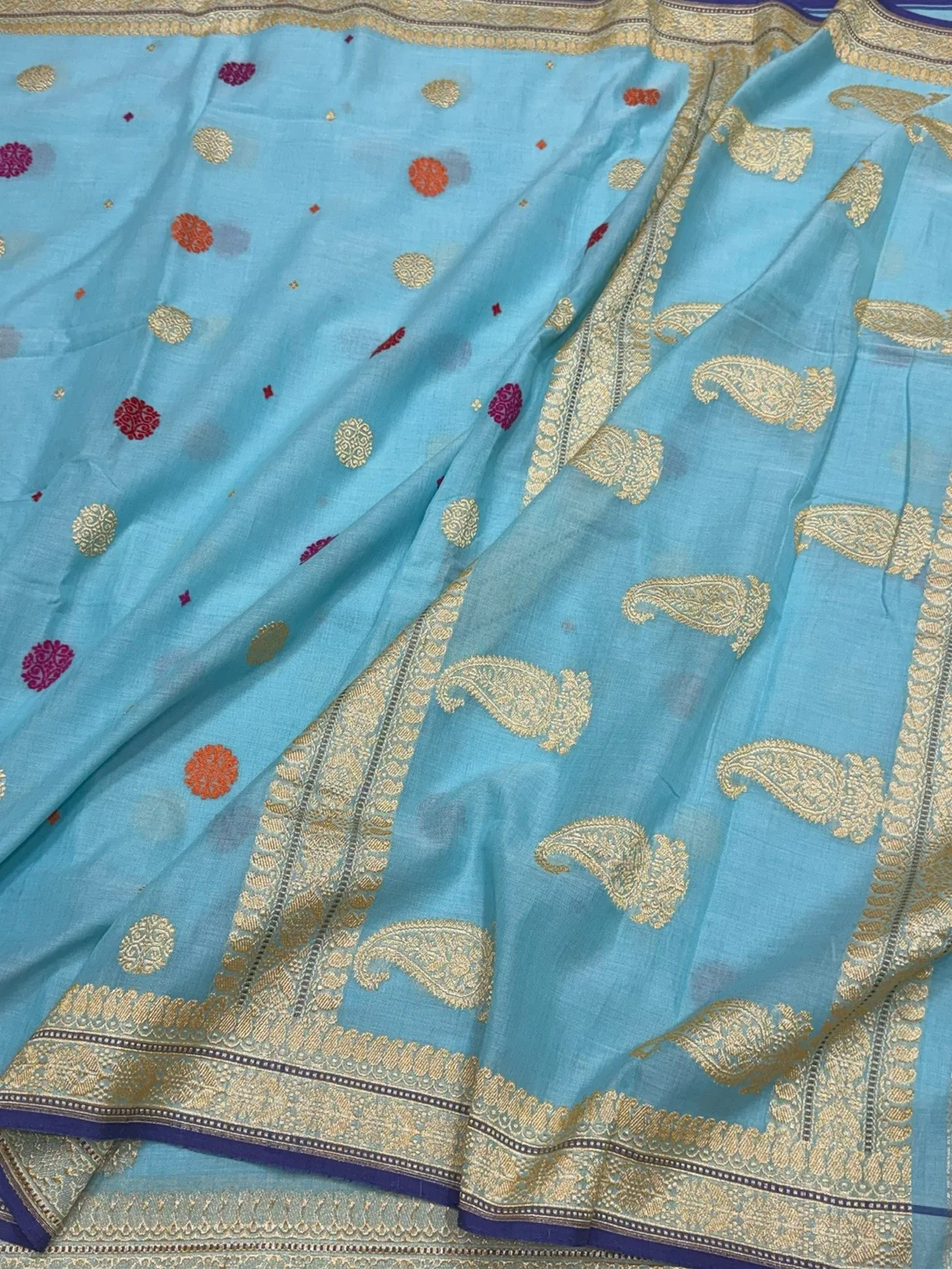 Sky Blue Handwoven Banarasi Pure Cotton Saree - Image 3