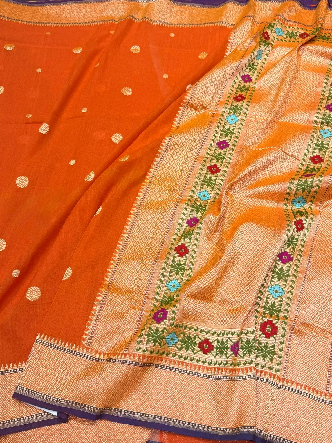 Orange Handwoven Banarasi Pure Cotton Saree - Image 3