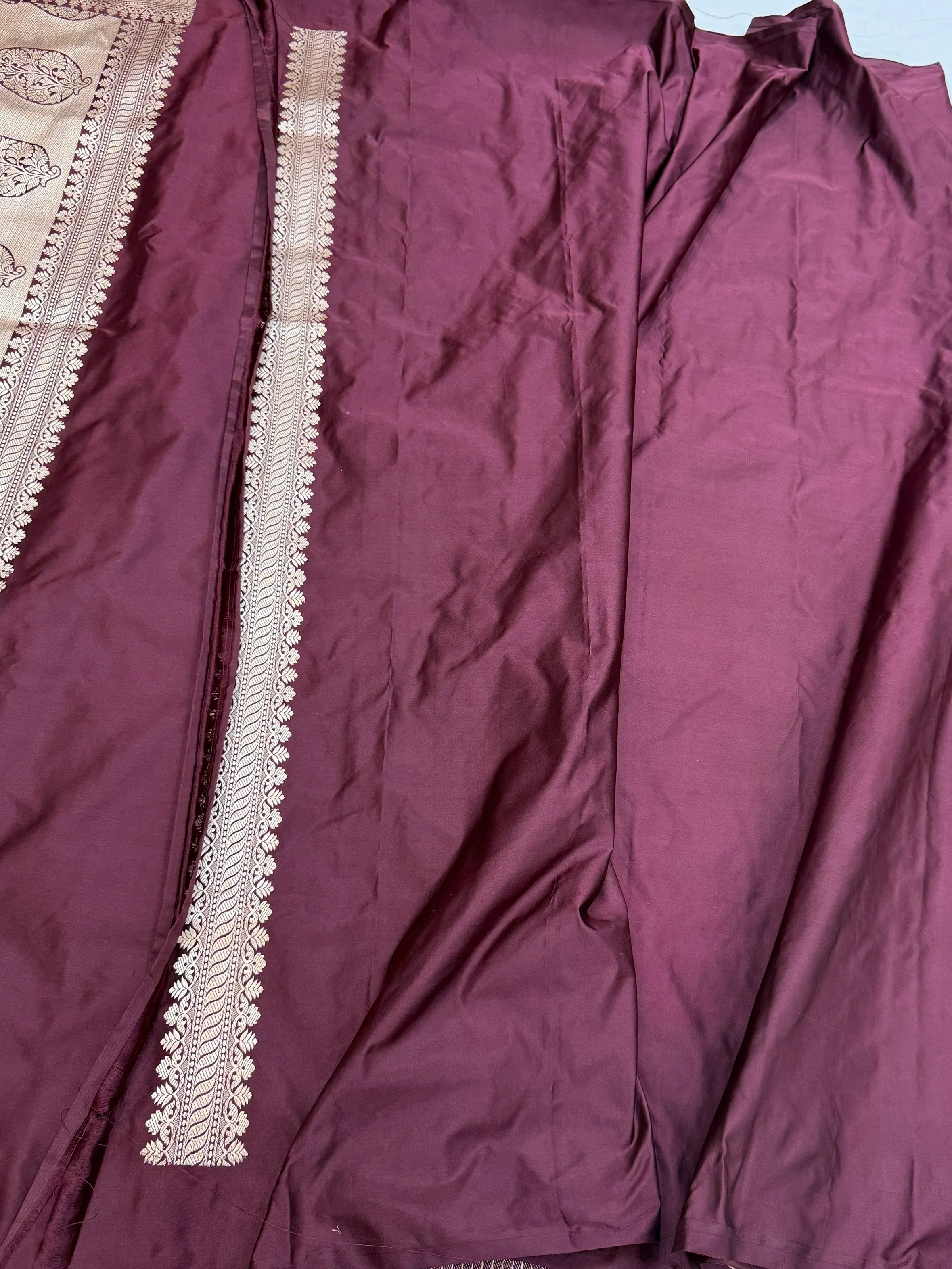 Wine Handwoven Banarasi Pure Mashru Satin Silk Saree - Image 2