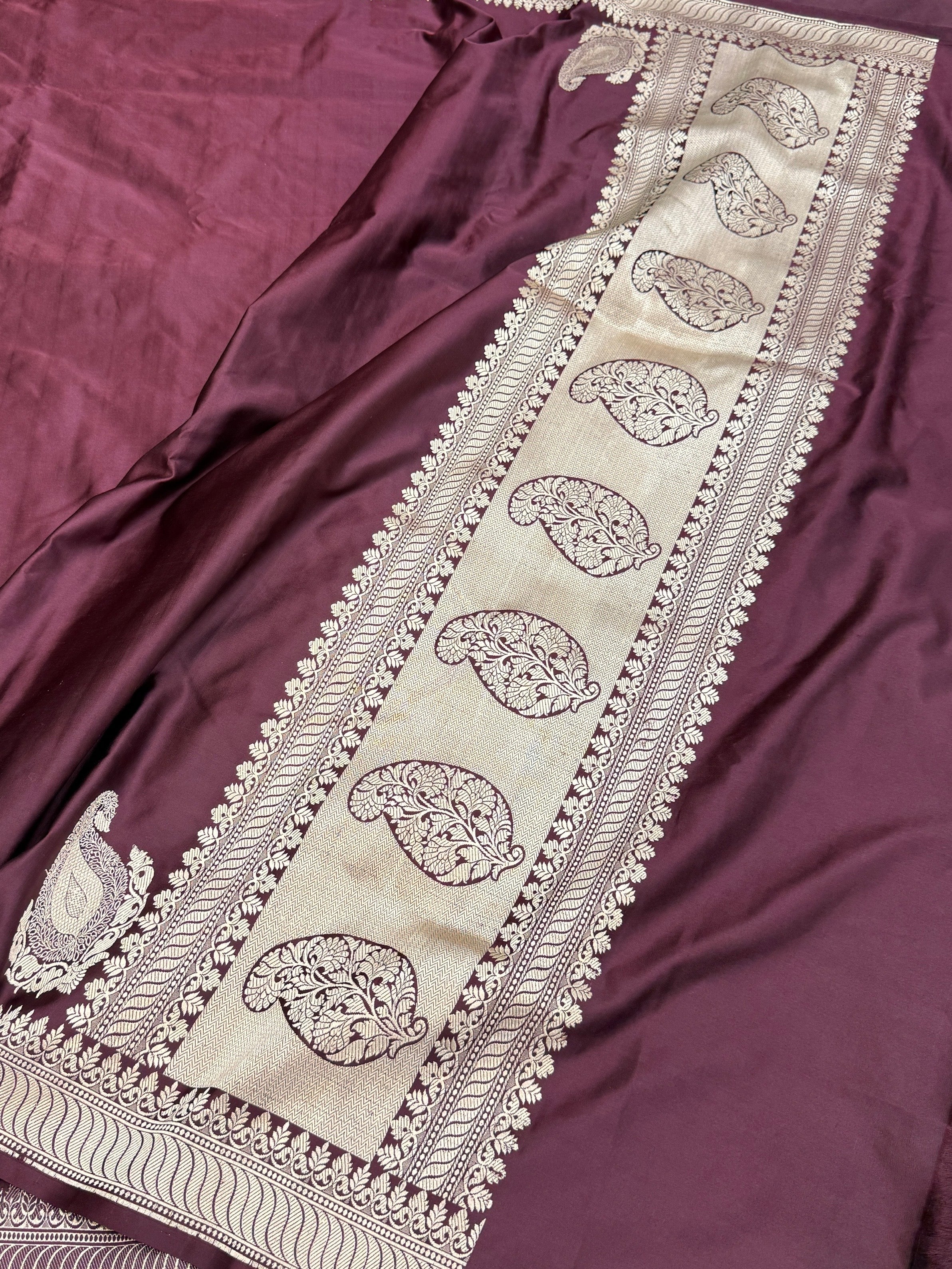 Wine Handwoven Banarasi Pure Mashru Satin Silk Saree - Image 3