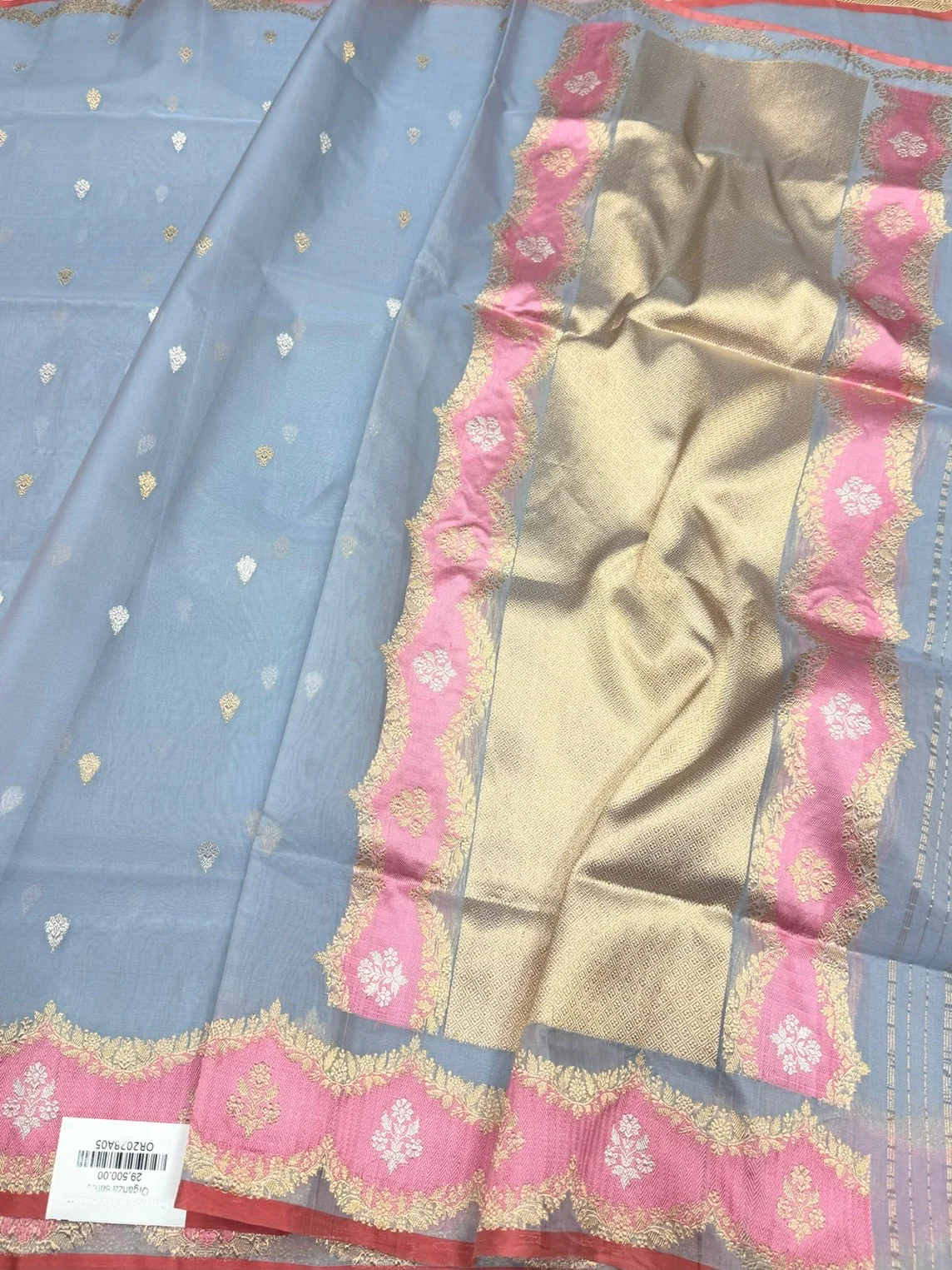Bluish Grey Handwoven Banarasi Pure Organza Silk Saree - Image 3