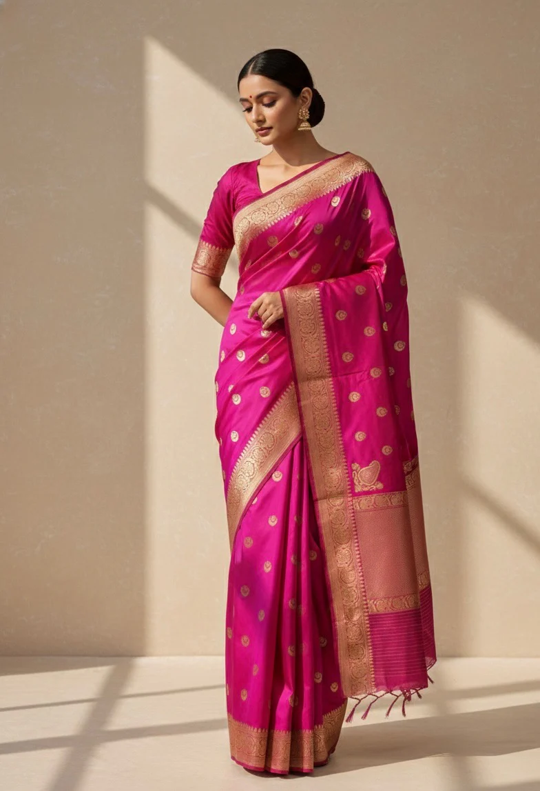 Rani Pink Handwoven Chand Tara Koniya Pure Banarasi Silk Saree – Kadwa Weave | Bridal Katan Silk | 100% Pure Mulberry Silk - Image 2