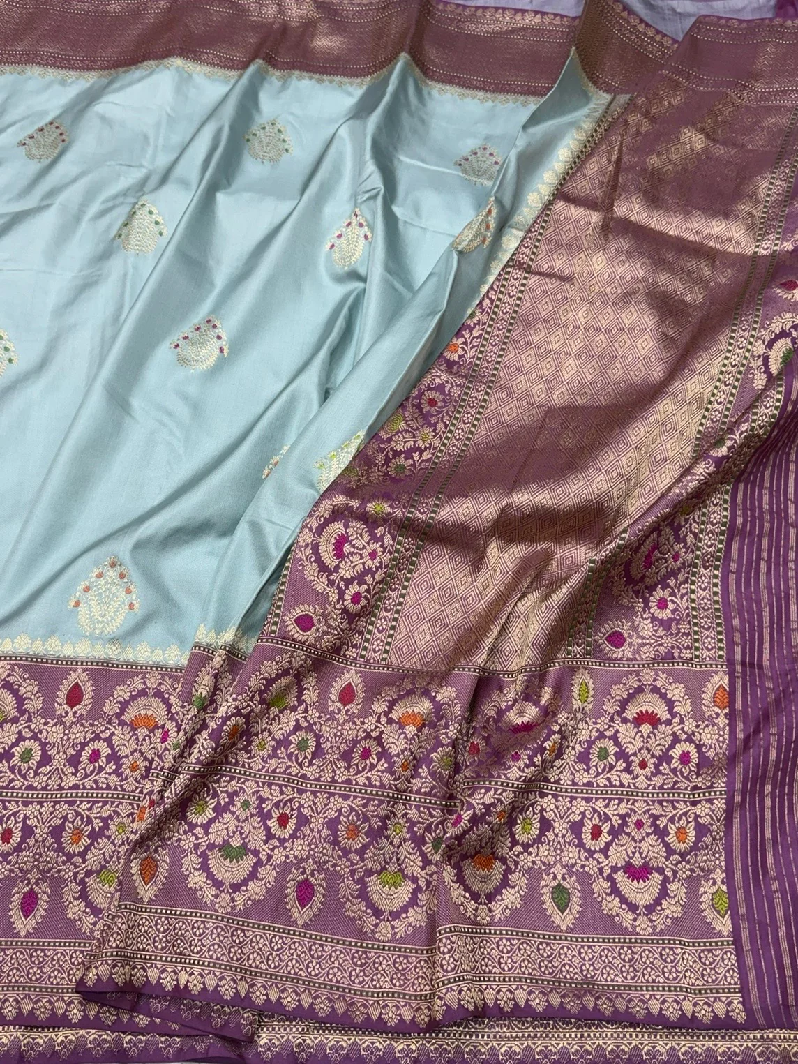 Sky Blue Handwoven Pure Banarasi Ektara Silk Saree - Image 3