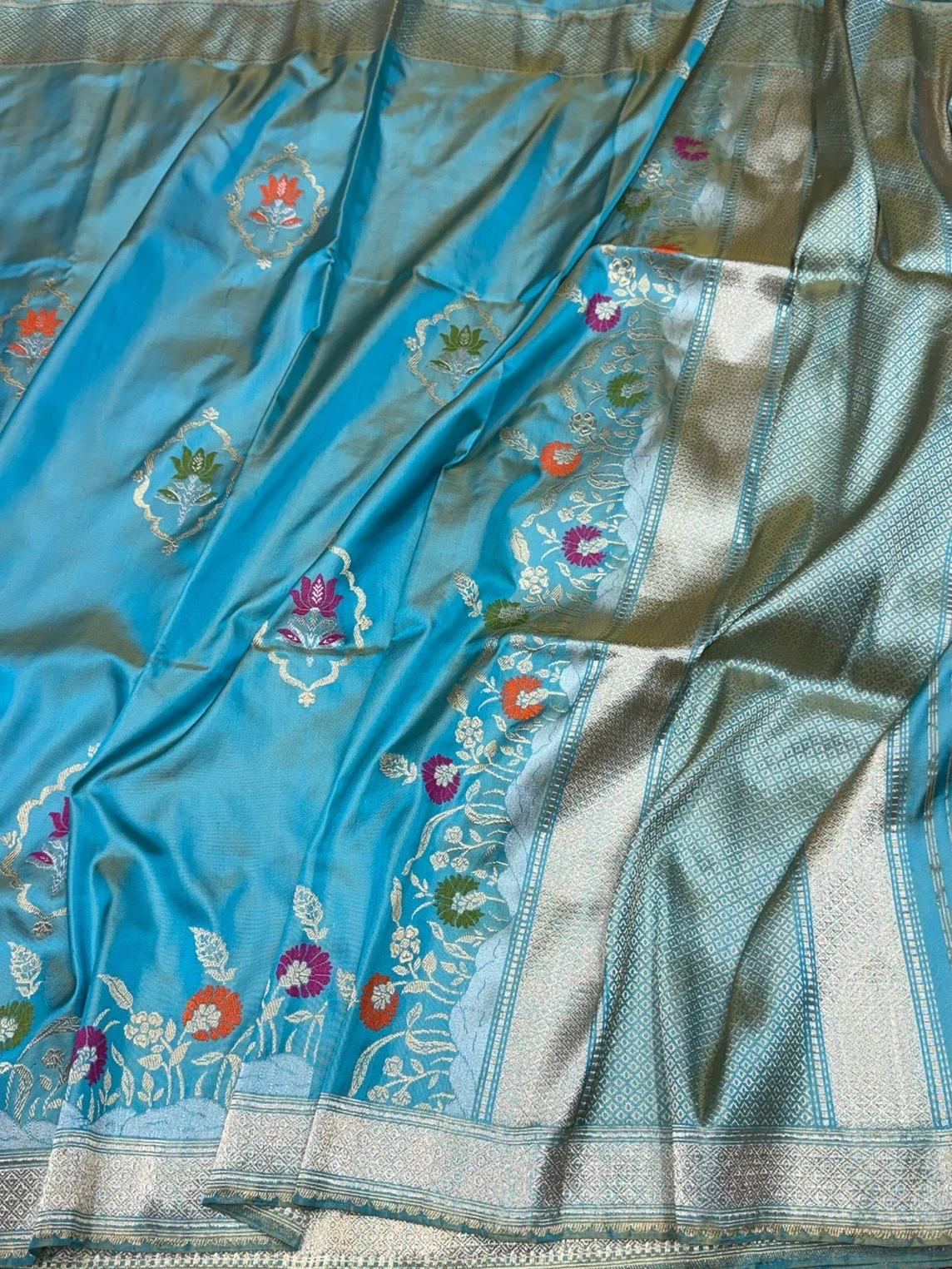 Sea Blue Handwoven Pure Banarasi Ektara Silk Saree - Image 3