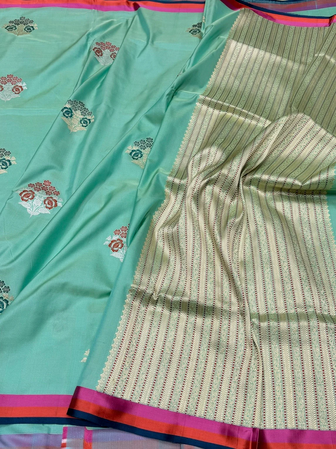 Sea Green Handwoven Pure Banarasi Ektara Silk Satin Border Saree - Image 3