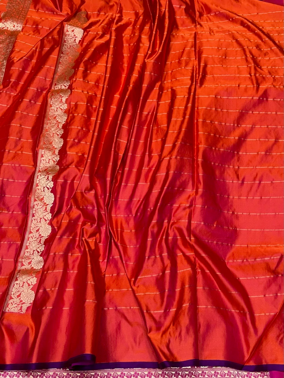 Orange Handwoven Pure Banarasi Satin Silk Saree – Kadwa Weave | 100% Pure Satin Silk | Authentic Banaras Handloom - Image 2
