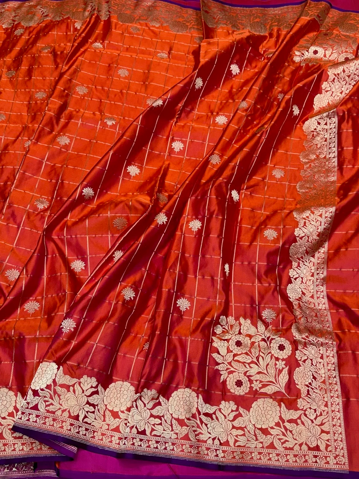 Orange Handwoven Pure Banarasi Satin Silk Saree – Kadwa Weave | 100% Pure Satin Silk | Authentic Banaras Handloom - Image 3
