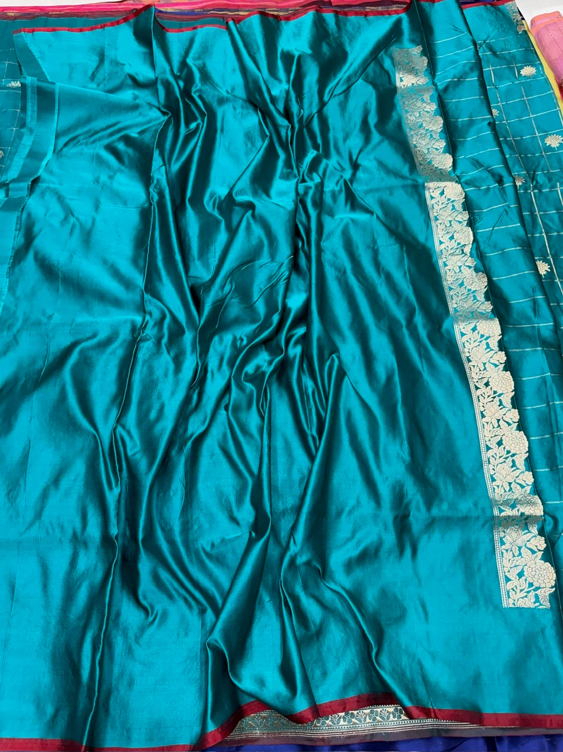 Teal Blue Handwoven Pure Banarasi Mashru Satin Silk Saree – Kadwa Weave | Pure Satin Silk | Luxury Check Pattern - Image 2