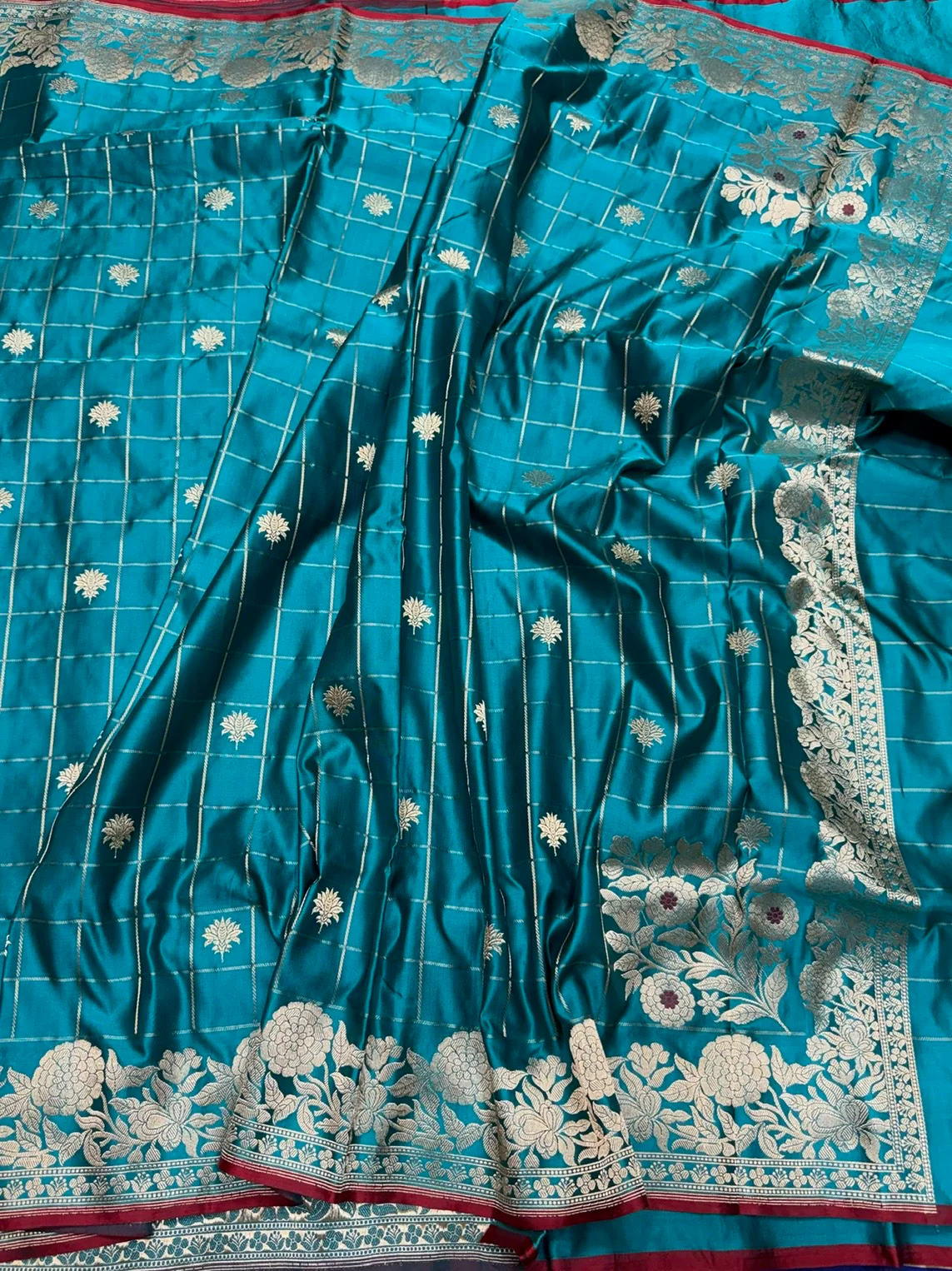 Teal Blue Handwoven Pure Banarasi Mashru Satin Silk Saree – Kadwa Weave | Pure Satin Silk | Luxury Check Pattern - Image 3