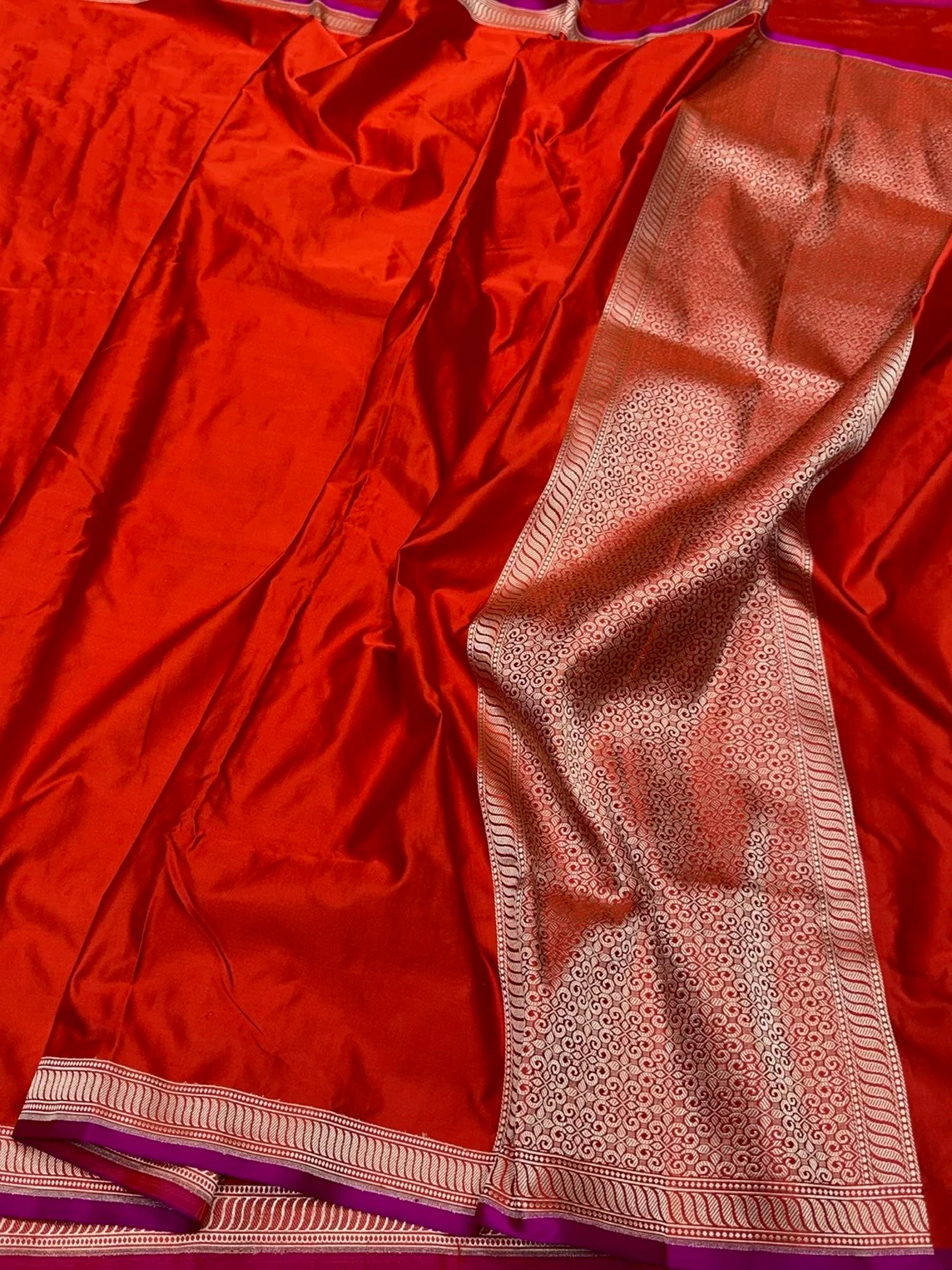Orange Handwoven Pure Banarasi Mashru Satin Silk Saree – Kadwa Weave in 100% Satin Silk - Image 3