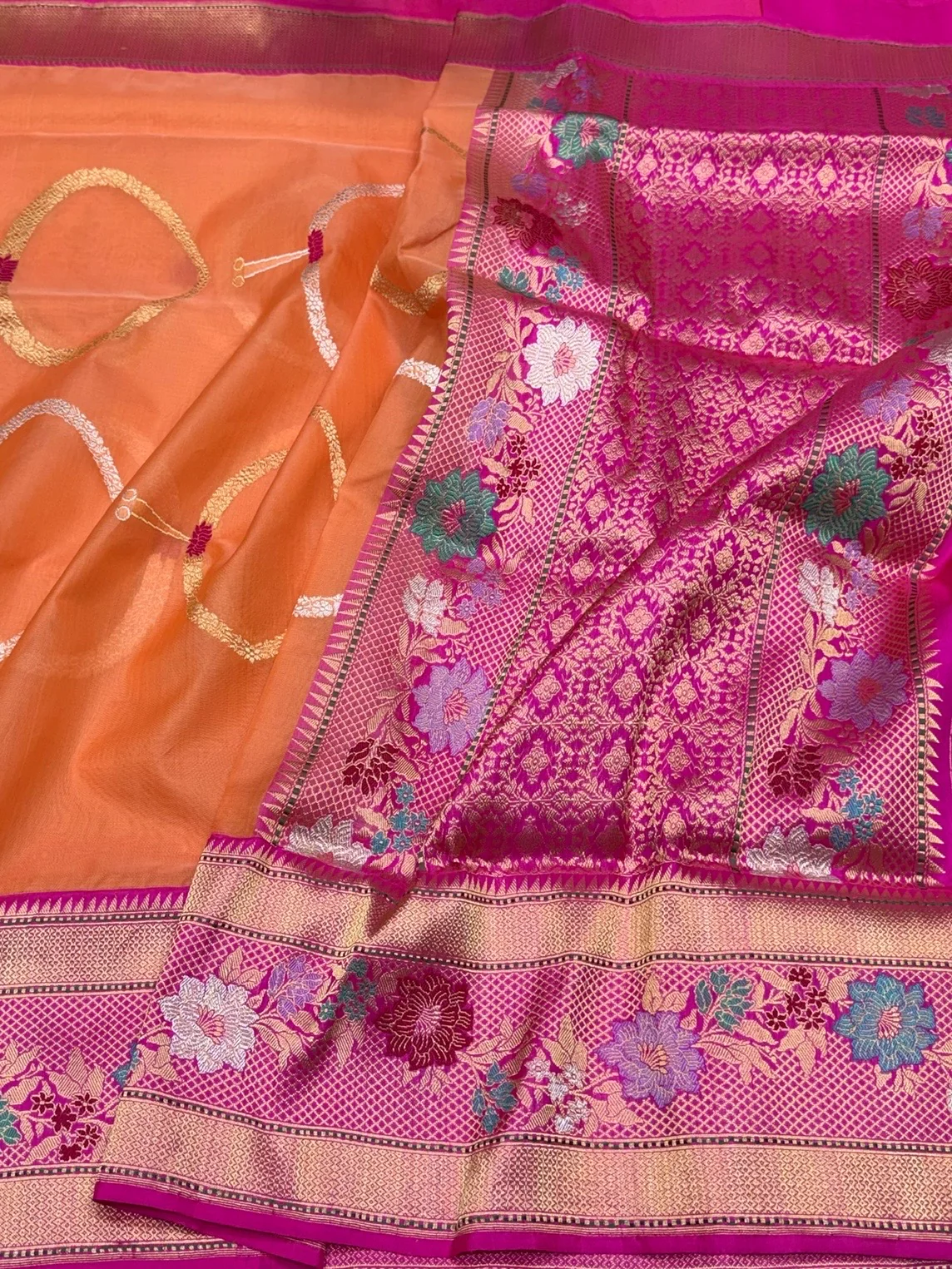 Orange Handwoven Pure Banarasi Organza Silk Saree in Kadwa Weave | 100% Pure Kora Silk - Image 3