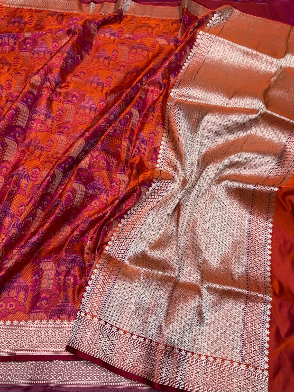 Orange Handwoven Pure Banarasi Satin Silk Saree – Kadwa Weave in 100% Satin Silk - Image 3