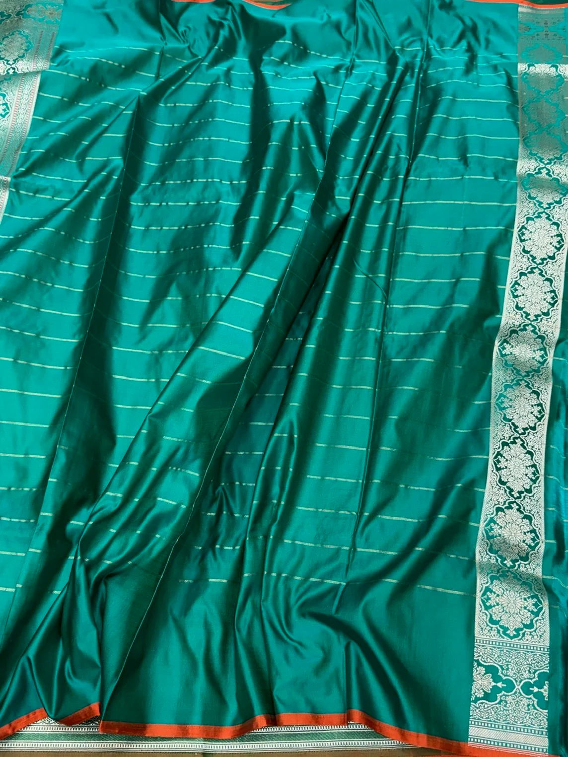 Teal Green Handwoven Pure Banarasi Satin Silk Saree – Kadwa Weave | 100% Pure Satin Silk | Authentic Banaras Handloom - Image 2
