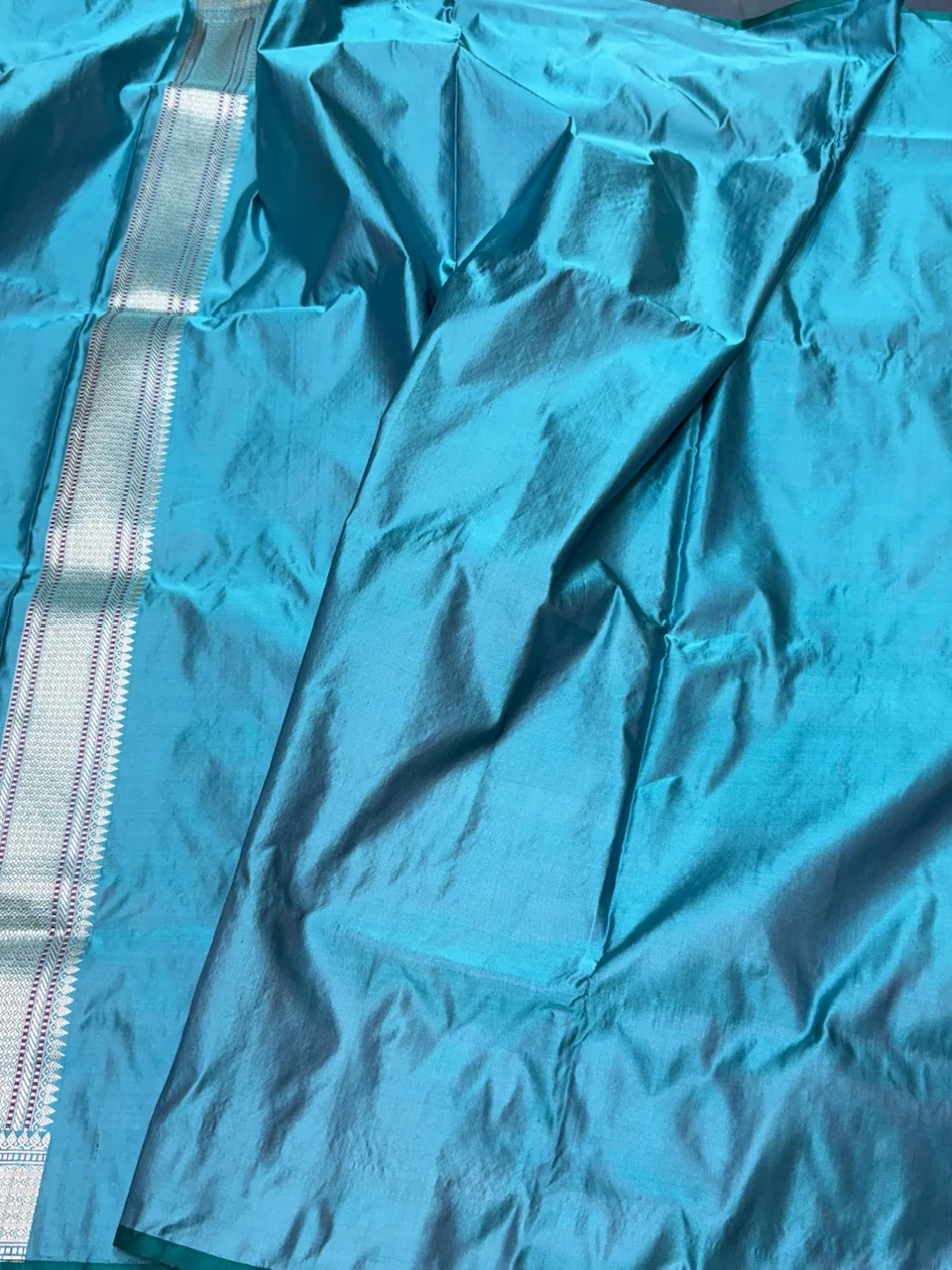 Sky Blue Handwoven Pure Banarasi Satin Tanchoi Silk Saree - Image 3