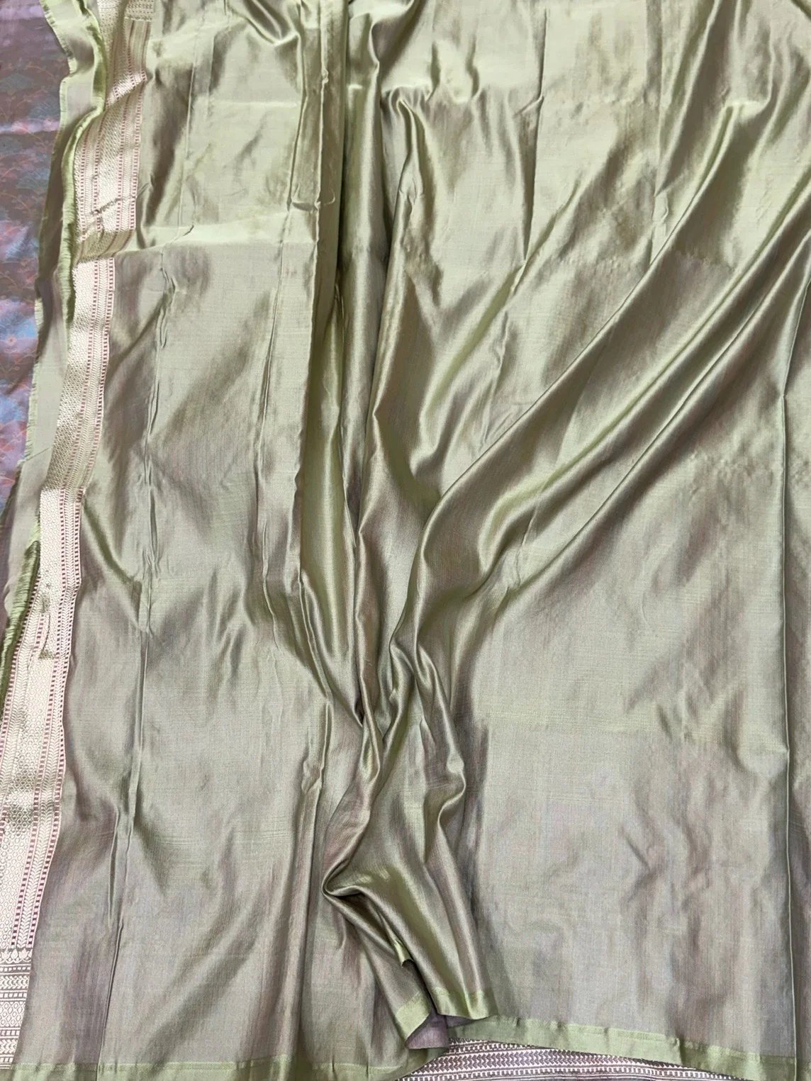 Light Olive Handwoven Pure Banarasi Satin Tanchoi Silk Saree – 100% Pure Satin Silk, Intricate Kadwa Weave - Image 3