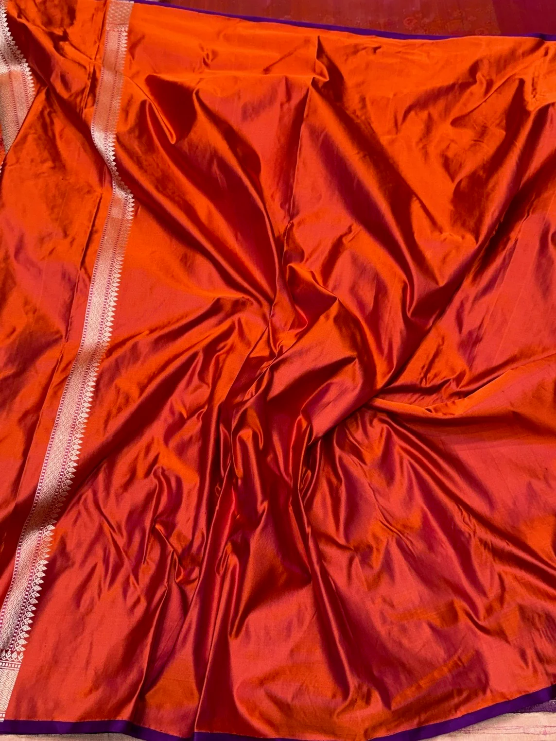 Orange Handwoven Pure Banarasi Satin Tanchoi Silk Saree - Image 2