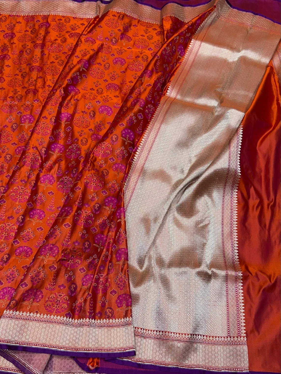Orange Handwoven Pure Banarasi Satin Tanchoi Silk Saree - Image 3