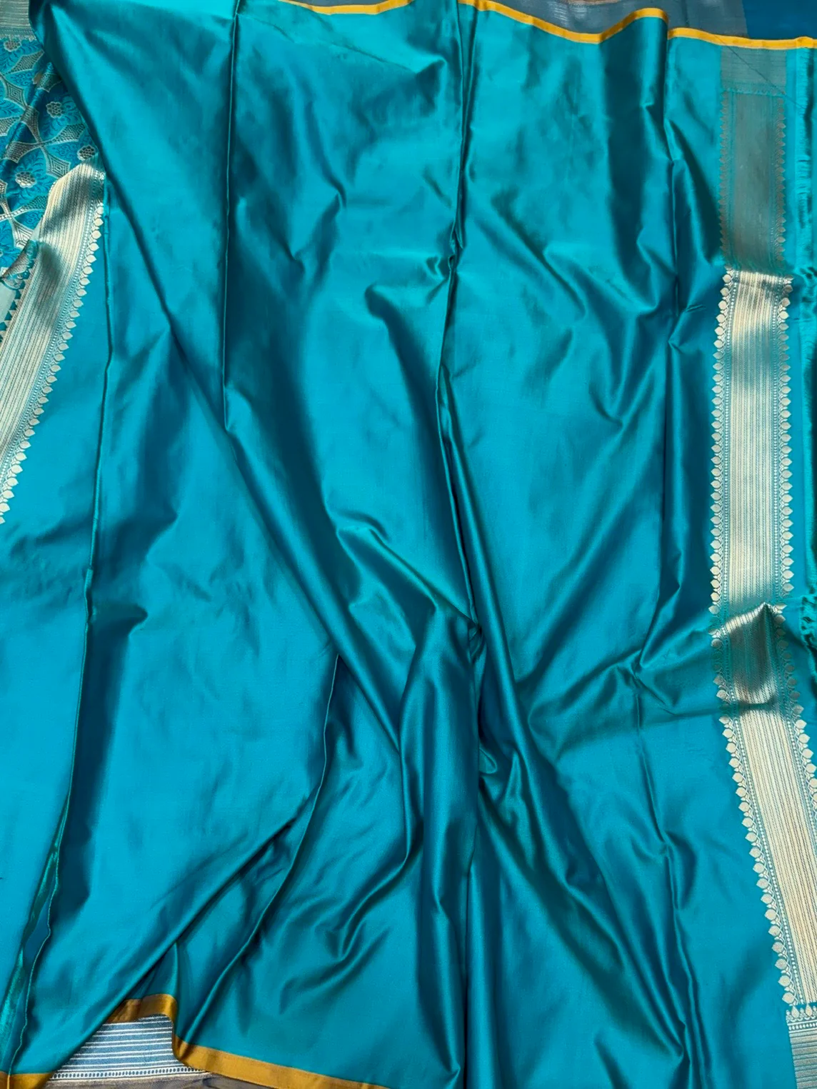 Sky Blue Handwoven Pure Banarasi Satin Tanchoi Silk Saree - Image 3