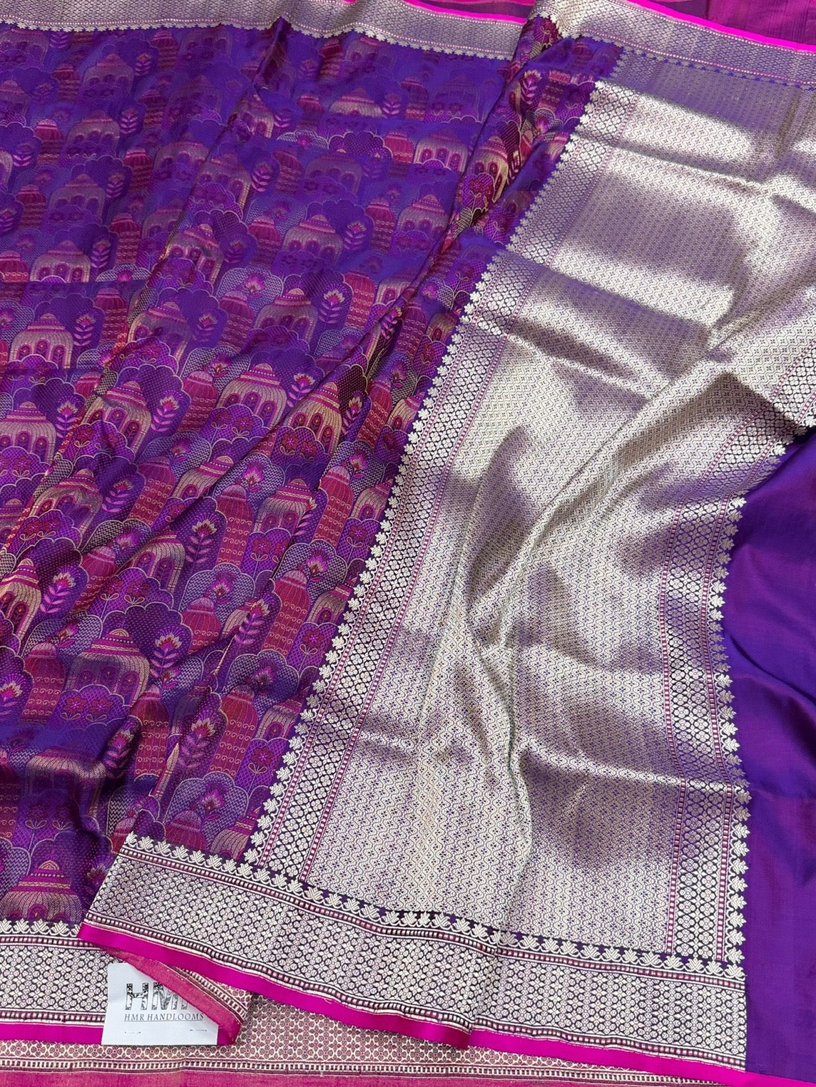Purple Handwoven Pure Banarasi Satin Tanchoi Silk Saree – Kadwa Weave, Premium Satin Silk, Handloom Banarasi Saree - Image 3