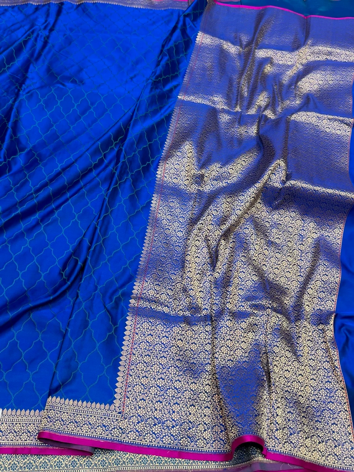 Royal Blue Handwoven Pure Banarasi Satin Tanchoi Silk Saree - Image 3