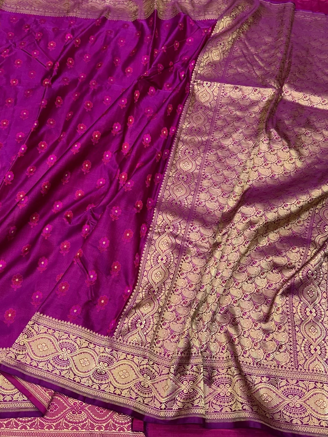 Magenta Pink Handwoven Pure Banarasi Satin Tanchoi Silk Saree – Cutwork Weave | Pure Satin Silk | Luxury Tanchoi Design - Image 3