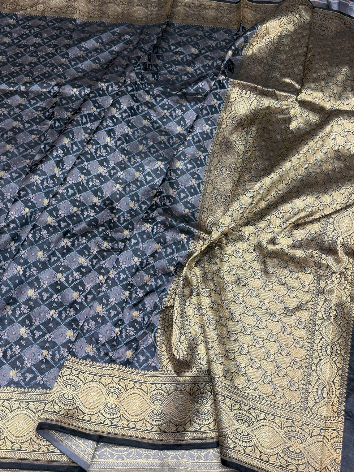 Black Handwoven Pure Banarasi Satin Tanchoi Silk Saree – Cutwork Weave | Pure Satin Silk | Classic Black Banarasi Elegance - Image 3