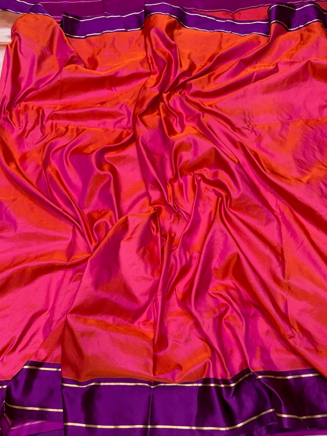 Orangish Pink Handwoven Pure Banarasi Satin Tanchoi Silk Saree - Image 2