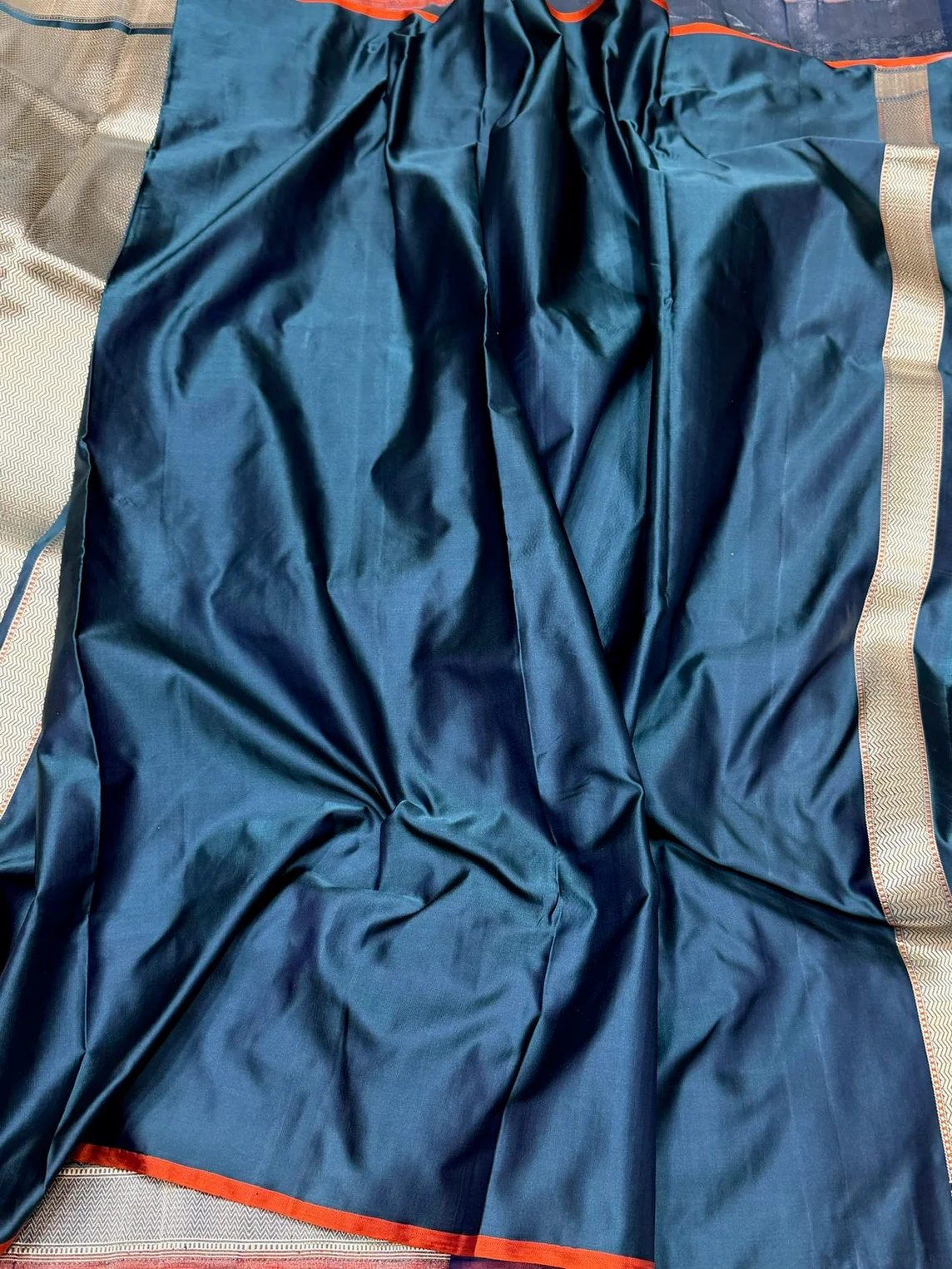 German Blue Handwoven Pure Banarasi Satin Tanchoi Silk Saree – Luxurious Satin Silk with Kadwa Weave - Image 2