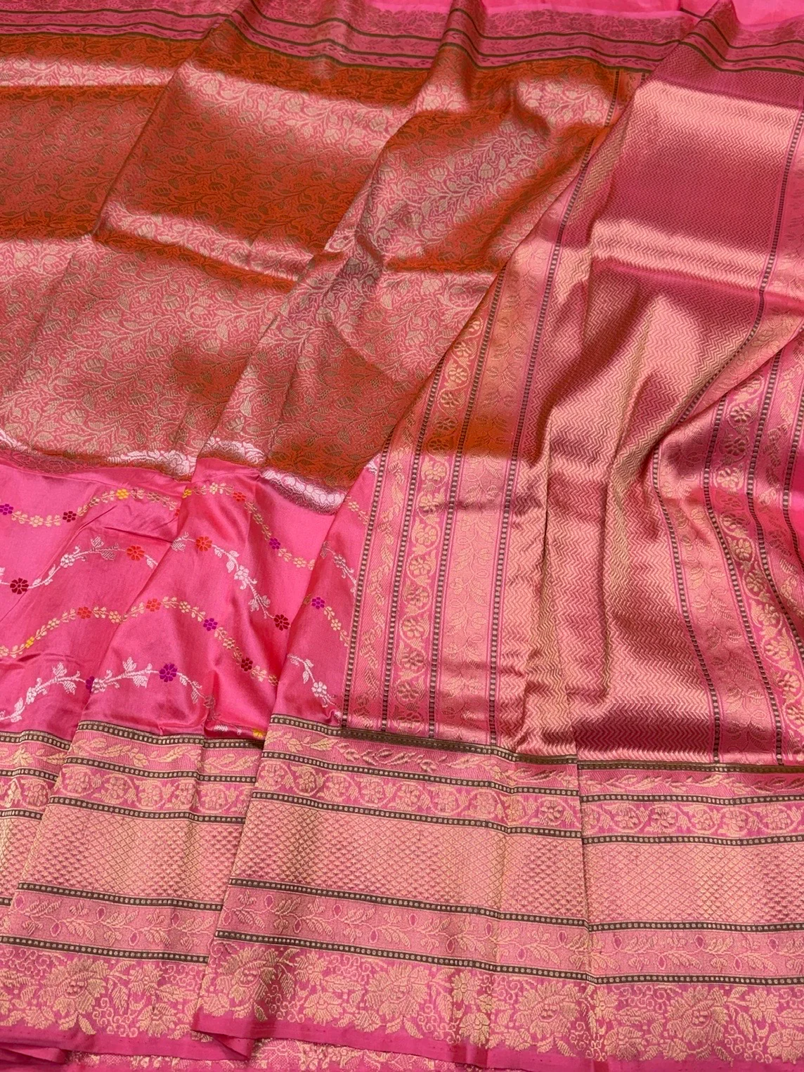 Orangish Pink Handwoven Pure Banarasi Silk Kadwa Saree – 100% Pure Katan Mulberry Silk, Premium Brocade Weave - Image 3