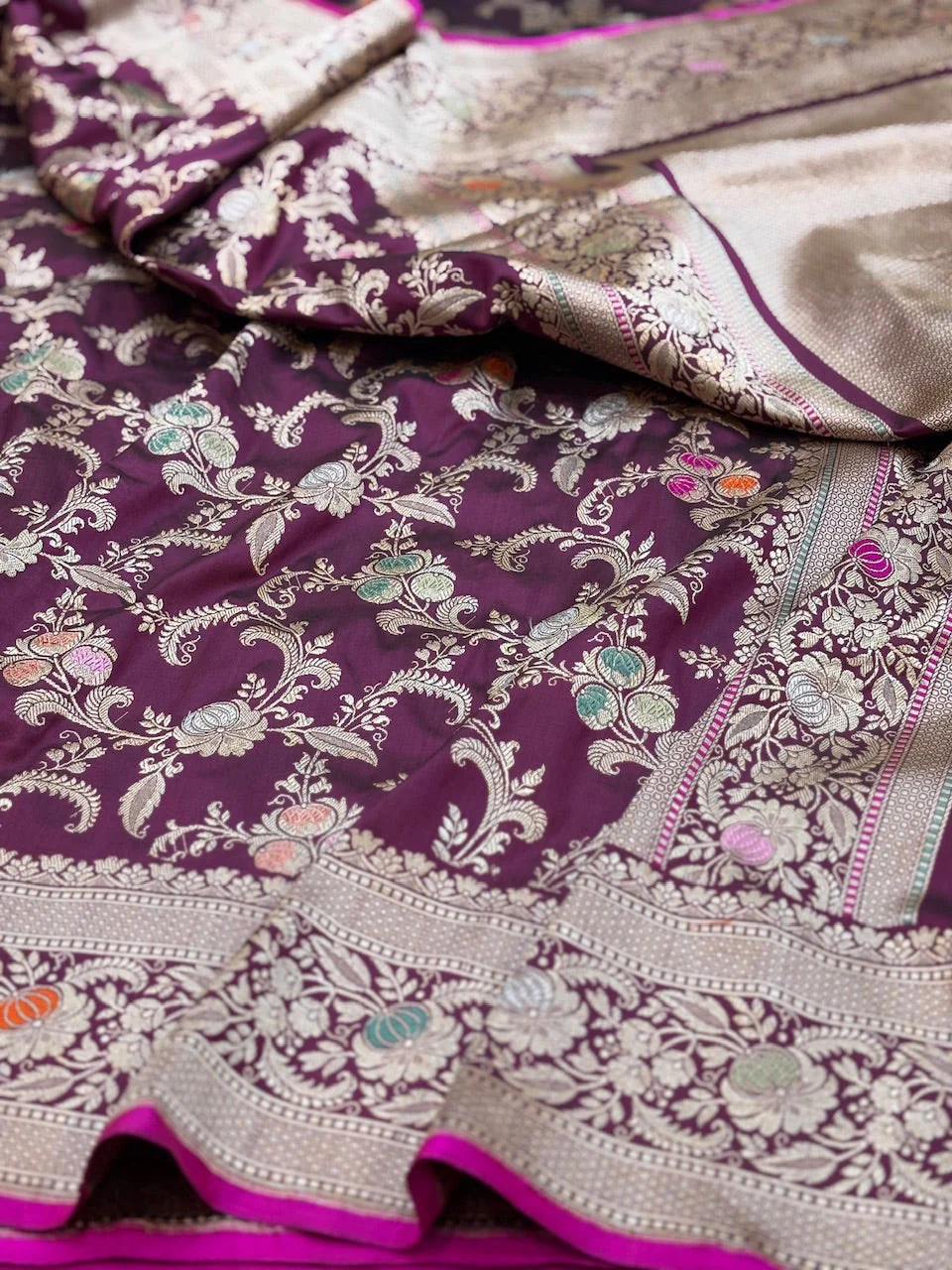 Wine Handwoven Pure Banarasi Silk Saree
