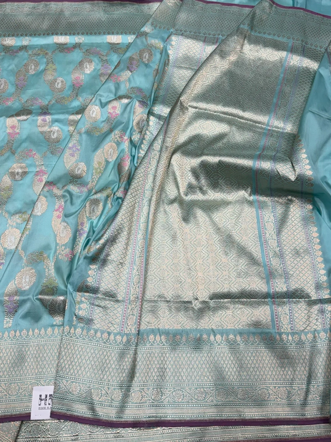 Sky Blue Handwoven Pure Banarasi Silk Saree - Image 3