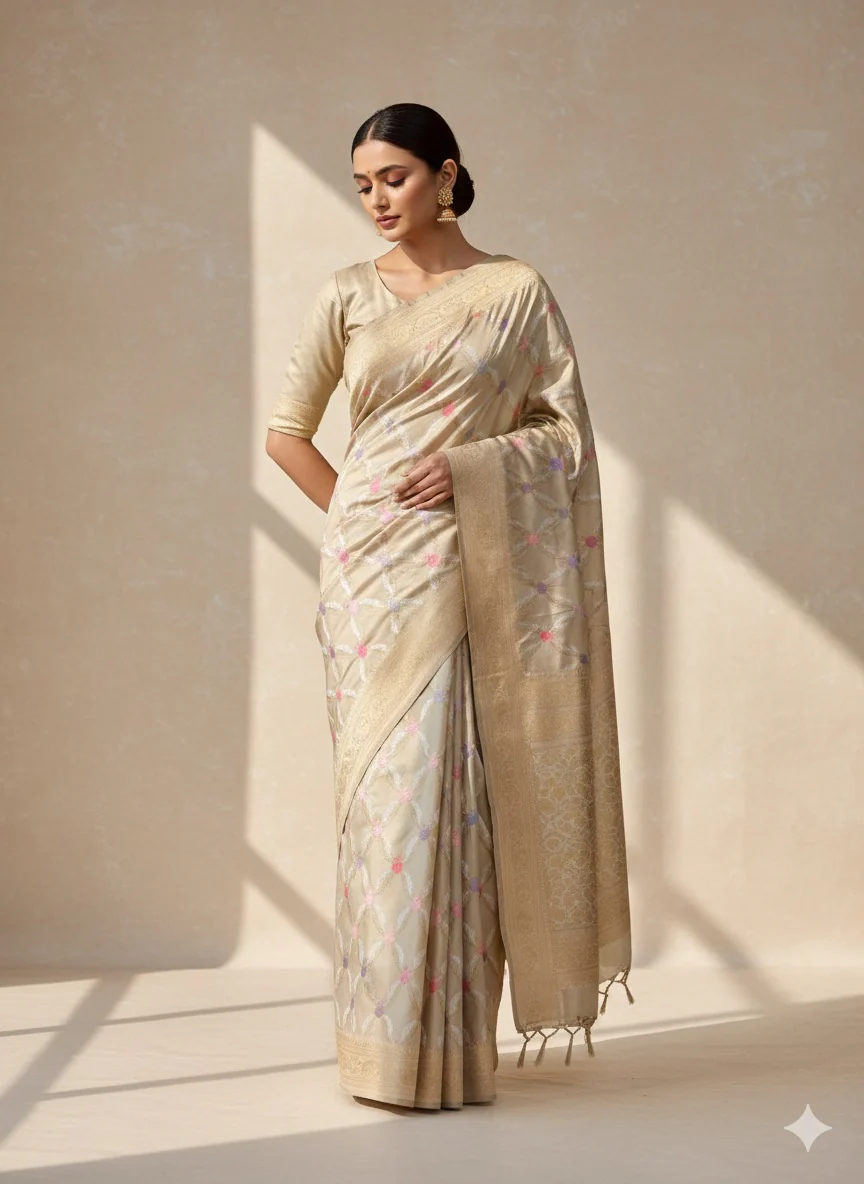 Cream Handwoven Pure Banarasi Silk Saree | Pure Katan Silk | Kadwa Weave | HMR Handlooms - Image 2