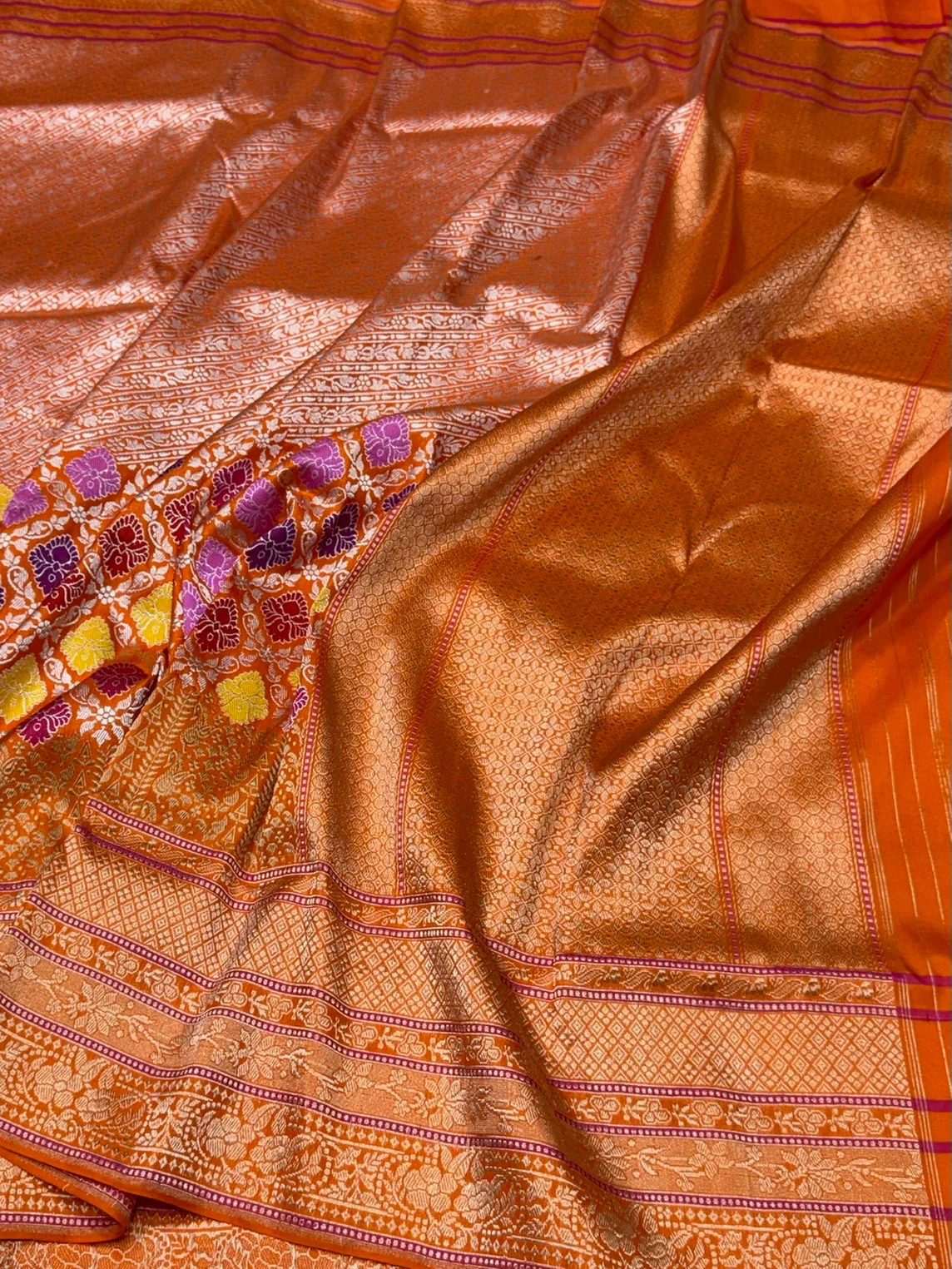 Orange Handwoven Pure Banarasi Silk Saree - Image 3