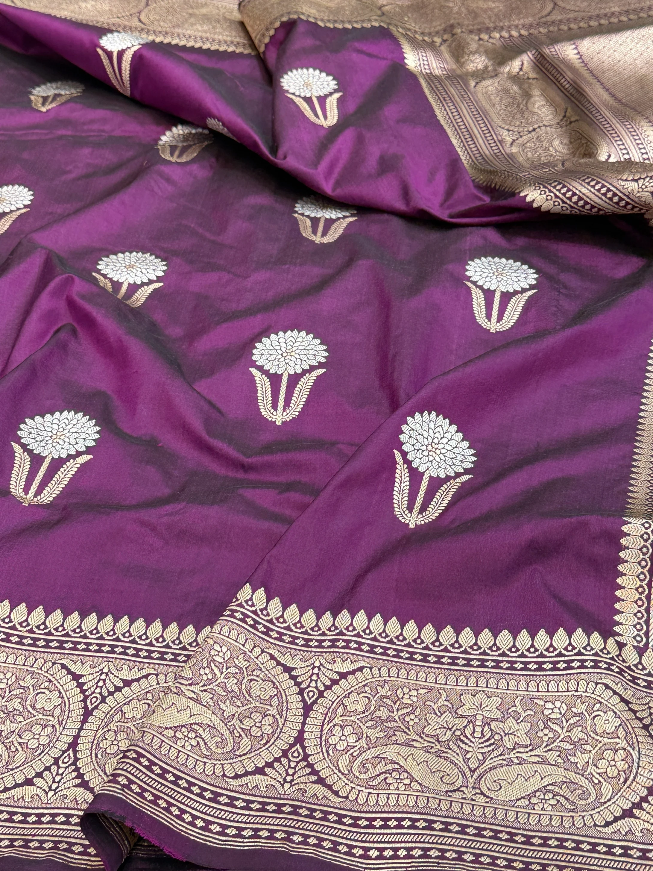 Magenta Handwoven Pure Banarasi Katan Silk Saree | Kadwa Weave | Gold & Silver Zari | Pure Silk Handloom Saree