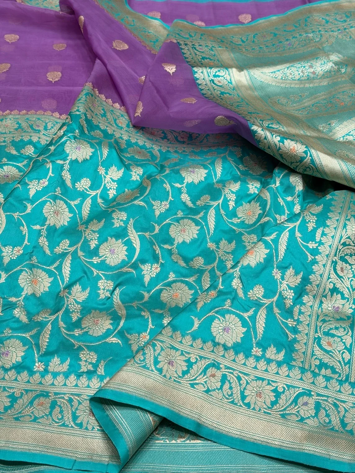 Sky Blue & Purple Handwoven Pure Banarasi Silk Saree – Kadwa Weave in 100% Katan Mulberry Silk