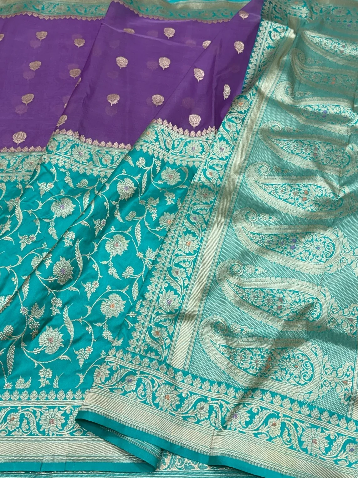Sky Blue & Purple Handwoven Pure Banarasi Silk Saree – Kadwa Weave in 100% Katan Mulberry Silk - Image 3